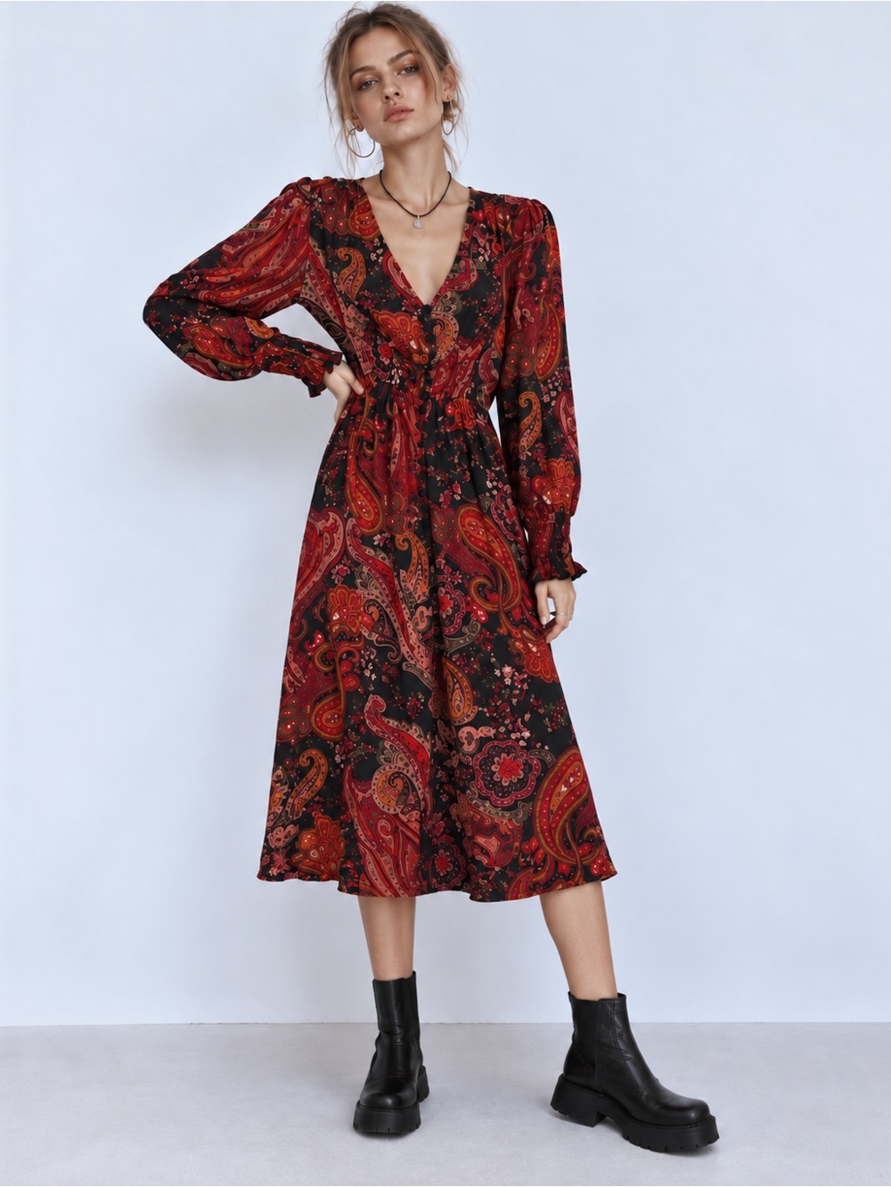 Zara Paisley Print Long Sleeve V-Neck Midi Dress XS Boho